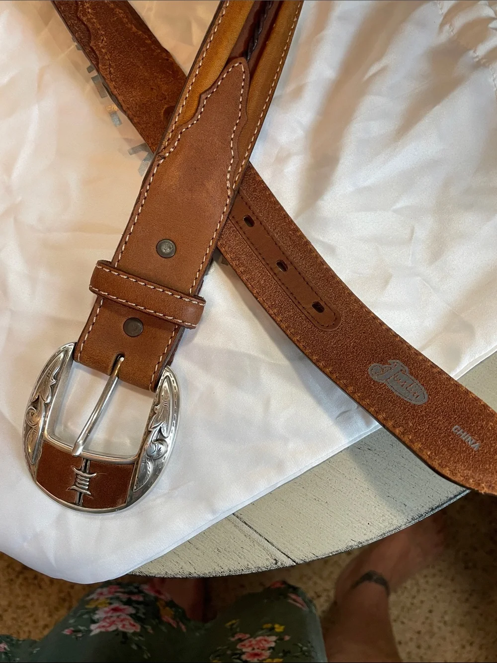 Vintage Justin  Leather Belt with Decorative Silver Buckle Barb Wire